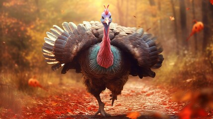 A funny turkey waddling around. AI generated - obrazy, fototapety, plakaty