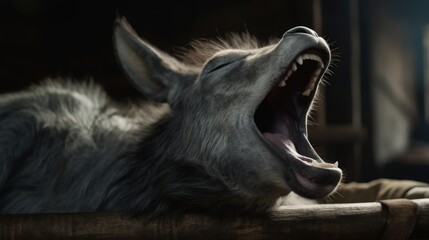 A grey donkey yawning lazily. AI generated