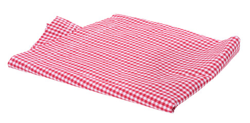 Folded cotton red and white kitchen tablecloth on a white isolated background - obrazy, fototapety, plakaty