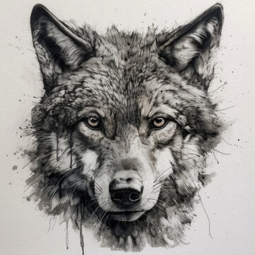 Wolf drawn in ink with inkblots and drips. Generative AI. Isolated on white paper.