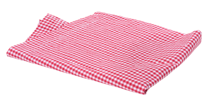Folded cotton red and white kitchen tablecloth on a white isolated background