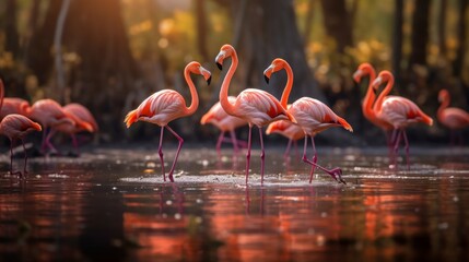 Fototapeta na wymiar A group of flamingos wading in a pond. AI generated