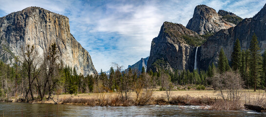 Yosemite NP, CA, USA - March 29, 2022:  Majestic views of granite formations, waterfalls, lakes and streams located within this popular destination.
