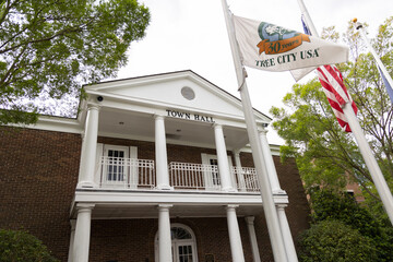 Summerville, South Carolina town hall in downtown Summerville. Summerville is the birth place of sweet tea and has lots of southern charm. The city flag and American flag are flying in front. 