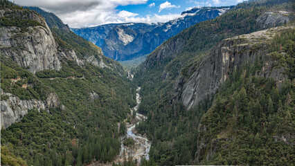 Yosemite NP, CA, USA - March 29, 2022:  Majestic views of granite formations, waterfalls, lakes and streams located within this popular destination.