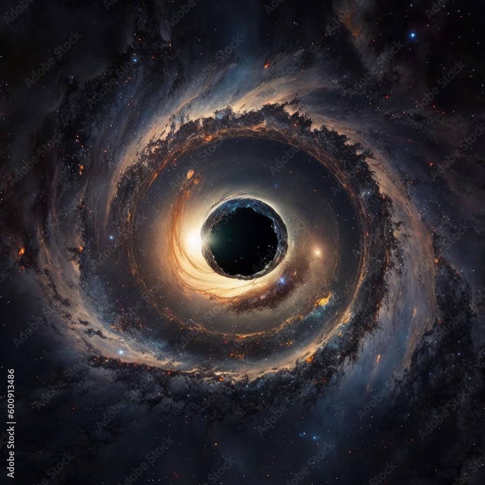 Poster astrological event of a black hole pulling in a spiraling galaxy with hydrogen clouds and a bright e