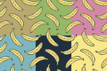 Banana fruit seamless pattern set for summer background. Vector eco nature exotic collection for food design