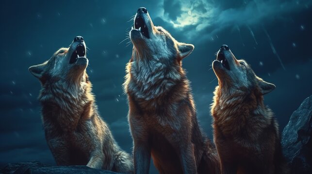 A group of wolves howling at the moon. AI generated