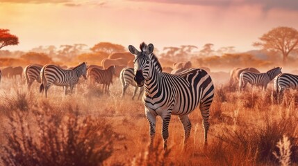 Fototapeta na wymiar A group of zebras grazing in a field. AI generated