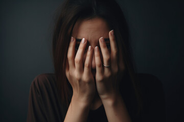 Close-up portrait of a woman covering her face with her hands, feeling ashamed, against a blurred, neutral studio background, generative ai