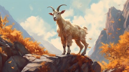 A happy goat climbing on rocks. AI generated