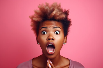 Close-up portrait of a woman with a surprised expression, mouth slightly agape, on a bright pink studio background, conveying a sense of astonishment and disbelief, generative ai - obrazy, fototapety, plakaty