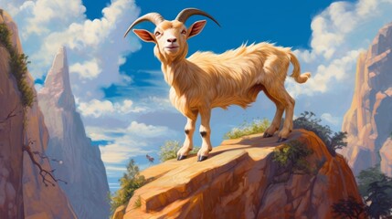 A happy goat climbing on rocks. AI generated