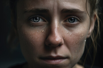 Close-up portrait of a woman's face with a worried expression and sweat beads on her forehead, generative ai