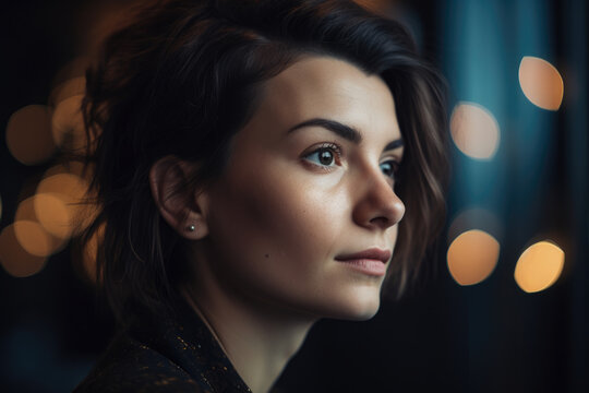 Close-up portrait of a woman with a trusting expression, gazing into the distance, set against a comforting, bokeh studio background, generative ai