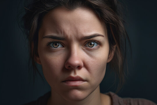 Close-up portrait of a woman with furrowed brows and a frustrated expression, against a soft-focus studio background, generative ai