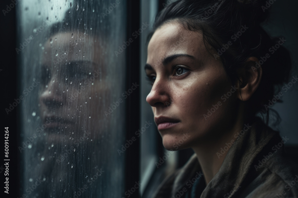 Wall mural grief-stricken woman gazing out a rain-streaked window, lost in thought, generative ai