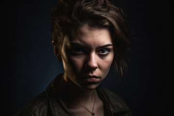 Fototapeta premium Fierce female portrait with an angry expression captured in a studio setting with dramatic lighting and deep shadows, generative ai