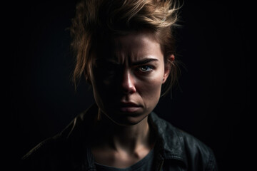 Female portrait showcasing anger and defiance in a moody and dramatic studio setting with deep shadows and strong light, generative ai