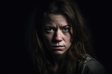 Haunting portrait of a woman with a fearful expression, set against a dark studio background, evoking a sense of danger and uncertainty, generative ai