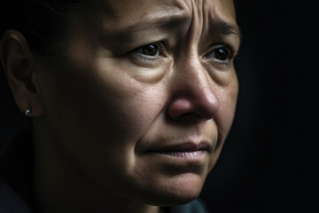 Fototapeta premium Grief-stricken Woman with a Single Tear Rolling Down Her Cheek, Reflecting on Loss, generative ai
