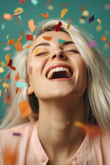 Joyful Woman Expressing Happiness with Colorful Confetti Floating Around Her, generative ai