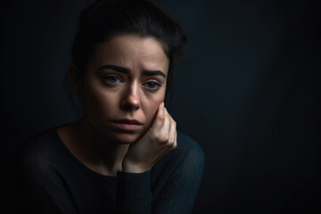 Fototapeta premium Portrait of a woman experiencing a moment of emotional vulnerability, with a muted studio background, generative ai