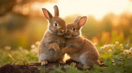 Fototapeta na wymiar A loving rabbit grooming its mate. AI generated