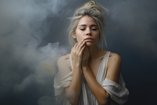 Portrait of a woman feeling overwhelmed, surrounded by a hazy, dreamlike studio backdrop, generative ai