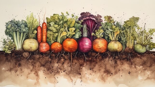 Watercolor painting of a row of fresh vegetables in the ground. Generative AI