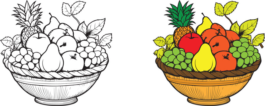 coloring book for kids, fruit basket, black and white, 100% editable colorable
