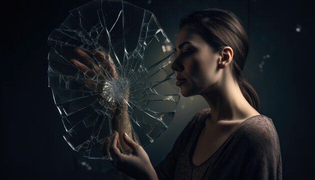 Portrait of a woman holding a broken mirror, representing regrets and shattered expectations, against a dramatic studio background, generative ai