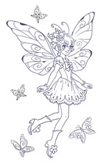 beautiful coloring book contour illustration with little pixie princess among butterflies