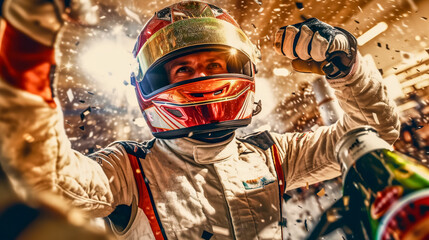Race car driver celebrating the win, racing driver celebrating with champagne spray, gran prix. digital ai art - obrazy, fototapety, plakaty