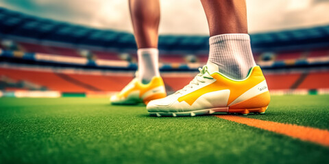 Close-up of a athlete's feet in soccer shoes in the stadium, athlete during training session on the football field.