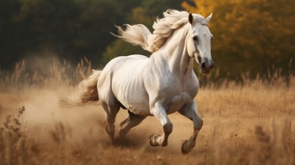 Obraz premium A majestic stallion galloping across a field. AI generated