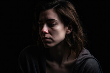 Portrait of a woman with a somber expression, looking down in regret, against a dark, moody studio background, generative ai