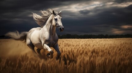 A majestic stallion galloping across a field. AI generated