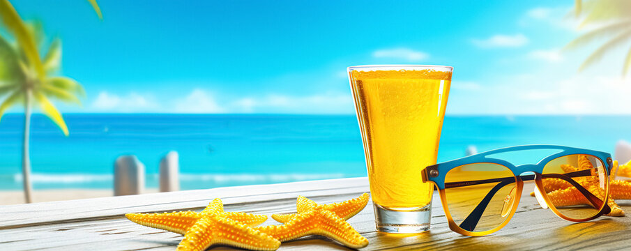 Summer vacation background. A beer with sunglasses and starfish on a table next to a tropical beach, digital art