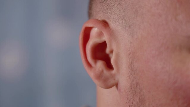 Expressive bald man shows ability to wiggle ears on blue