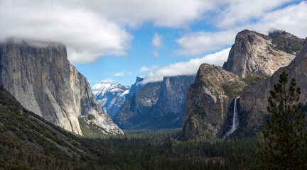 Yosemite NP, CA, USA - March 29, 2022:  Majestic views of granite formations, waterfalls, lakes and streams located within this popular destination.