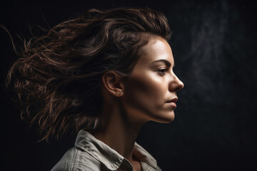 Profile portrait of a woman with a proud, determined expression, facing the wind, set against an artistic, textured studio background, generative ai