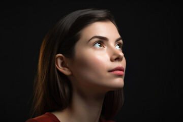 Fototapeta premium Profile view of a woman with a baffled expression, eyes wide and mouth slightly open, set against a contrasting studio background, generative ai