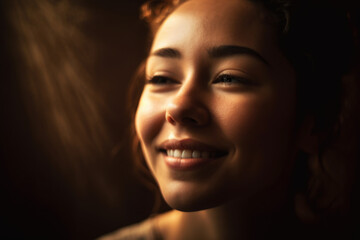Fototapeta premium Radiant portrait of a woman with a joyful smile and closed eyes, expressing gratitude and contentment, captured in a studio with soft lighting and warm tones, generative ai