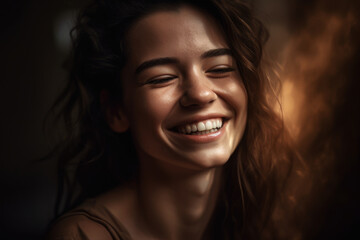 Radiant portrait of a woman with a joyful smile and closed eyes, expressing gratitude and contentment, captured in a studio with soft lighting and warm tones, generative ai