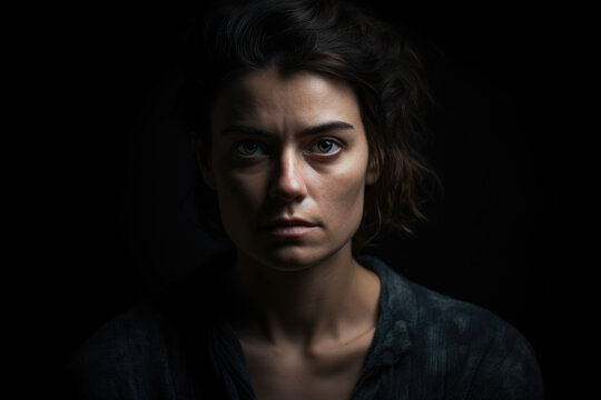 Resentful portrait of a woman in a studio environment with a sullen expression and a brooding mood, generative ai