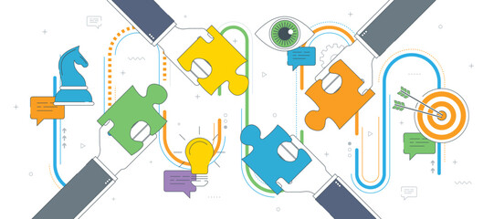 Hands holding puzzle pieces and and message icons with feedback texts. Concept of teamwork, cooperation, partnership, success, team, business, strategy and feedback. Thin line flat vector illustration