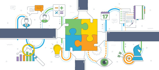 Obraz premium Hands holding puzzle pieces and icons business, finance, location. Concept of teamwork, cooperation, partnership, success, team, business, finance and strategy. Thin line flat vector illustration.