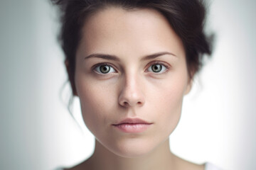 Fototapeta premium Transfixed Intense Gaze of a Woman on a White Studio Background, generative ai