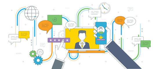 Evaluation of online support, contract service or purchase product. Customer testimonials, vote and feedback, rating and liked. Concept of technology on business. Thin line flat vector illustration.